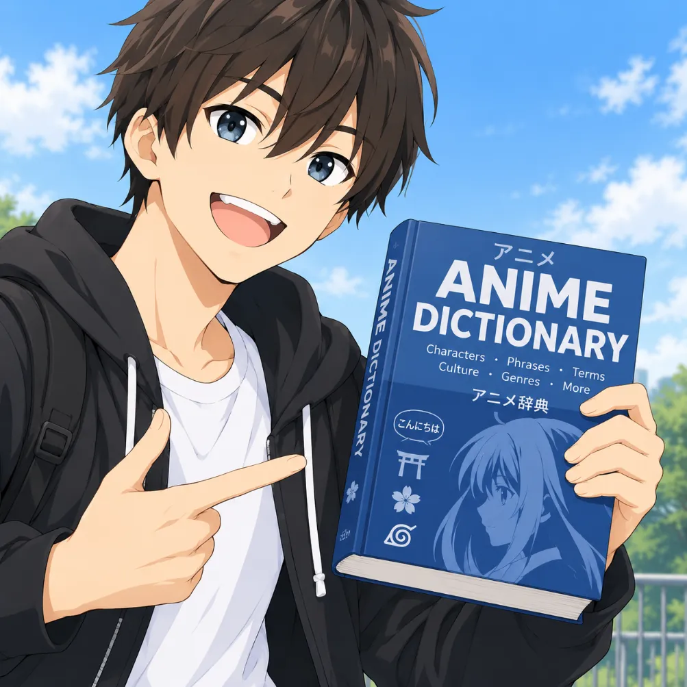Anime boy in a black hoodie holding the Anime Dictionary book