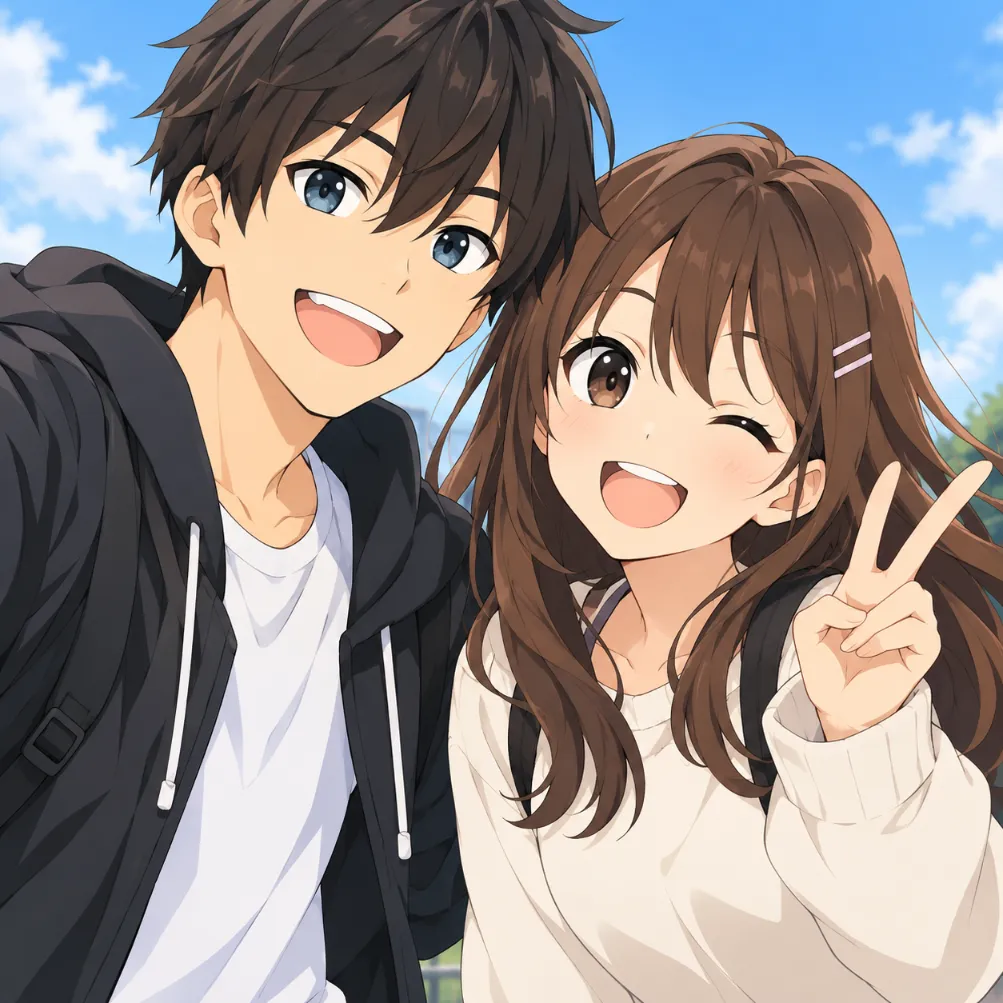Anime boy and girl smiling together, the dictionary mascots