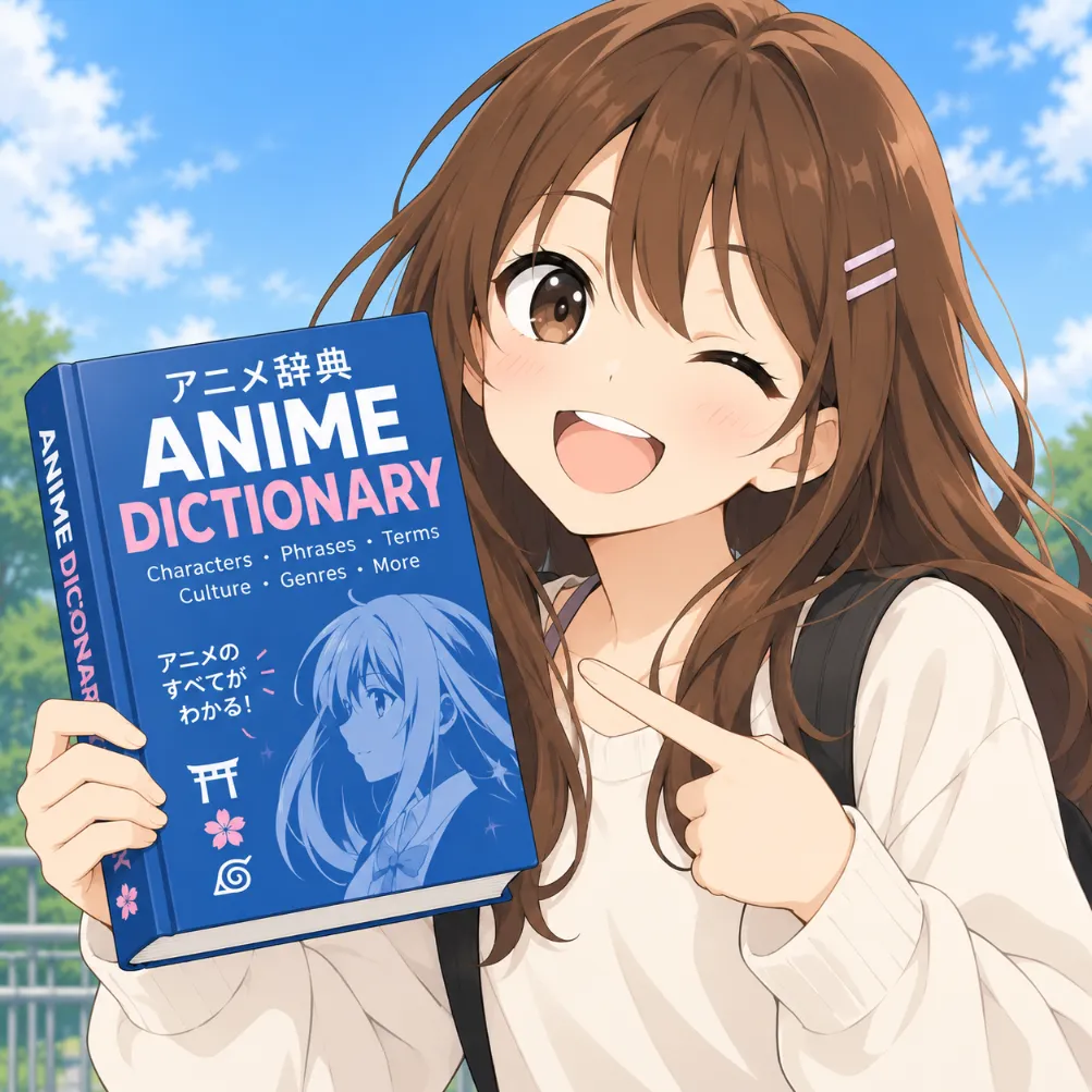 Anime girl holding the Anime Dictionary book and pointing at it